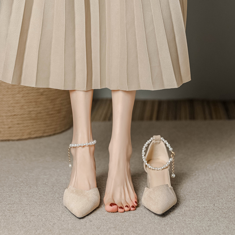 French-Style Pointed-Toe High Heels for Women, Chunky Heel Fairy-Style Closed-Toe Sandals with a Single Strap and Pearls, Suitable for Pairing with Dresses, Size 32