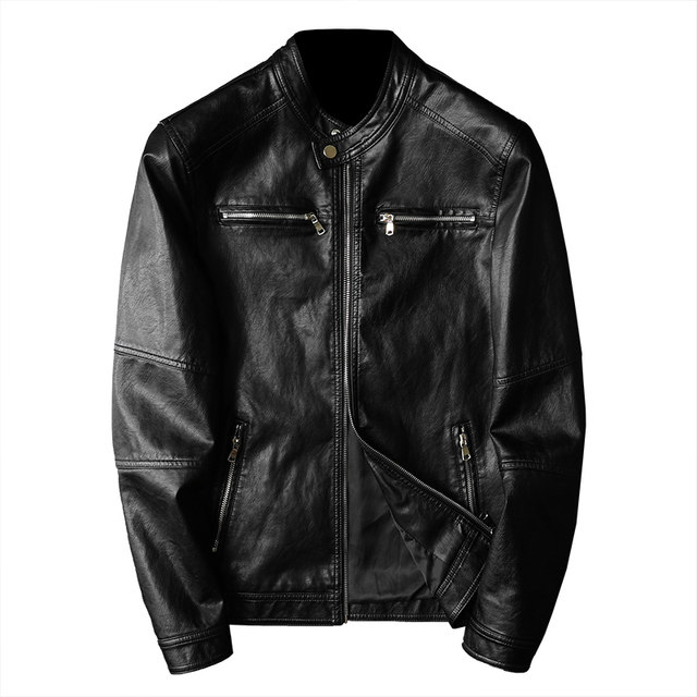 2022 Spring New Style Stand Collar Motorcycle Leather Jacket Slim Fit 7106P175 Long Term Black