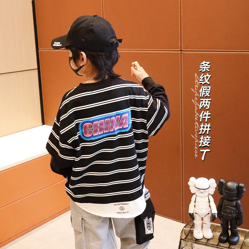 Small Crooked Boy Clothes 2022 Spring Autumn Season New T-shirt Baby Boy Foreign Pie Children Fake Two Blouses