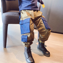Small Crooked Family Autumn Winter New Boy High-end Series Large Children Splicing Jeans Children Tooling Country Tide Wind Trousers