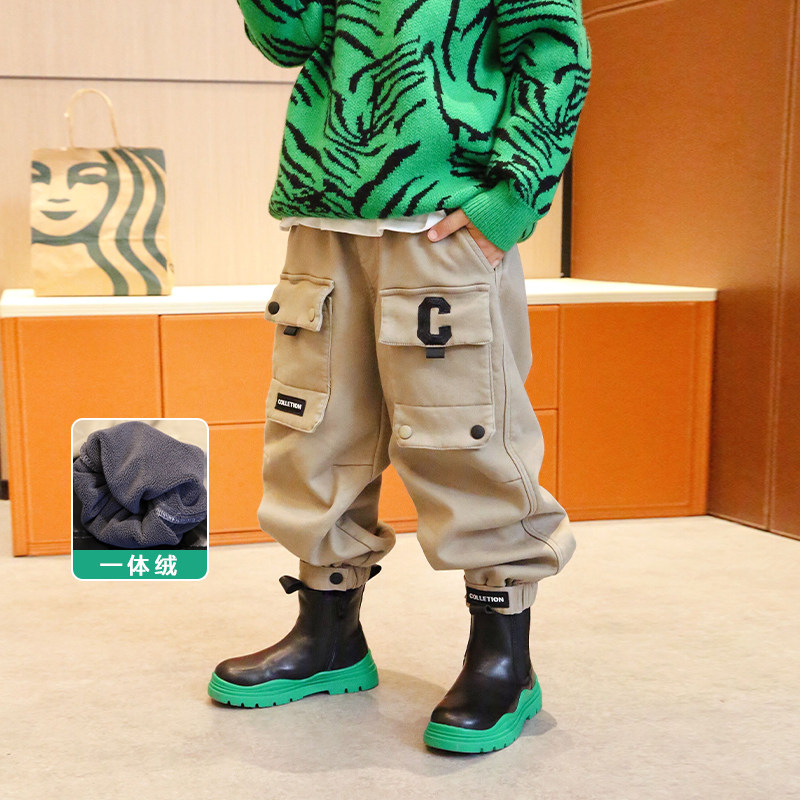 Xiaoweijia boys' 2022 autumn and winter new style fleece trousers children's cotton casual winter workwear mid-waist pants