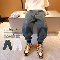 Small Crooked Home 2022 Boy loaded with spring autumn season new children Long pants Baby Fried Street Korean version Tidal Wave Foreign Air Casual Pants