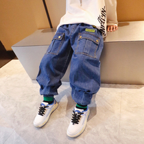 Small Crooked Home 2022 Boy loaded with spring autumn season new children Long pants Baby Fried Street Korean version Tide Card Tooling Jeans