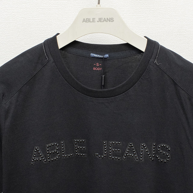 Off code clearance ABLEJEANS ສີແຂງຂອງຜູ້ຊາຍ summer ສີດໍາ T-shirt ຕົວອັກສອນ trend fashion ຄໍຮອບ ເສື້ອທີເຊີດເທິງ