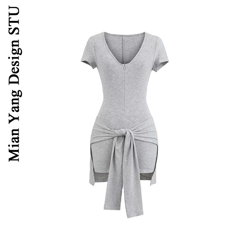 Cotton American-style niche short-sleeved bodysuit, unique tie-up multi-wear shawl waist wrap sports jumpsuit