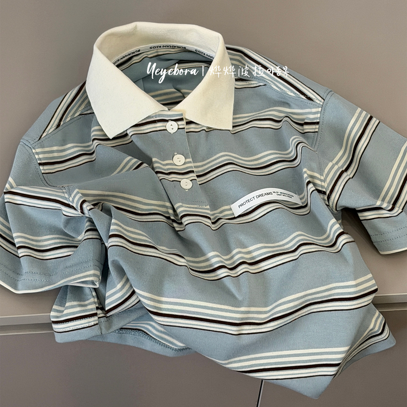 Bora Boys' Striped Polo Shirt 2026 Summer Style Children's Short-Sleeved Boys' Sun Collar T-Shirt Girls' T-Shirt