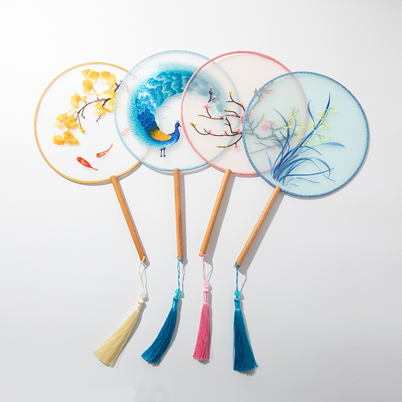 Ancient Wind Embroidery Ensemble Fan bifacial Su embroidery fan dance performance Long handle round fan Qipao Walk Show Hanfu Shooting Props