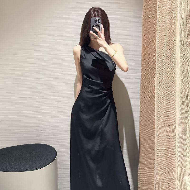Black Evening Dress for Women, High-End, Suitable for Students, Art Exams, Coming-Of-Age Ceremonies, Hosting Performances, Stunning One-Shoulder Long Dress, Satin, Slimming Black Evening Dress for Women, High-End, Suitable for Students, Art Exams, Coming-Of-Age Ceremonies, Hosting Performances, Stunning One-Shoulder Long Dress, Satin, Slimming