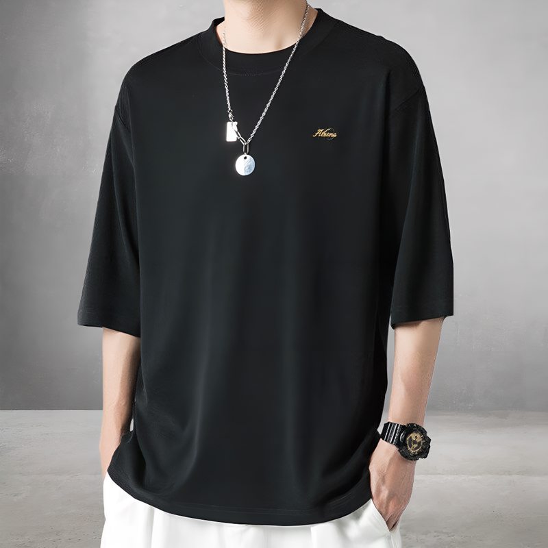 Cotton Soft Loose Casual Three-Quarter Sleeve Round Neck Short-Sleeved T-Shirt for Male Teenagers and Students Pure Color Three-Quarter Sleeve Top