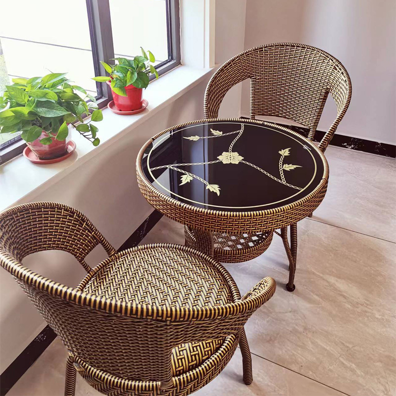 Rattan Chair and Table Three-Piece Set for Balcony Leisure, Coffee Table, Square and Round Living Room, Outdoor Faux Rattan Table and Chairs, Trendy Small Apartment Home Use Rattan Chair and Table Three-Piece Set for Balcony Leisure, Coffee Table, Square and Round Living Room, Outdoor Faux Rattan Table and Chairs, Trendy Small Apartment Home Use
