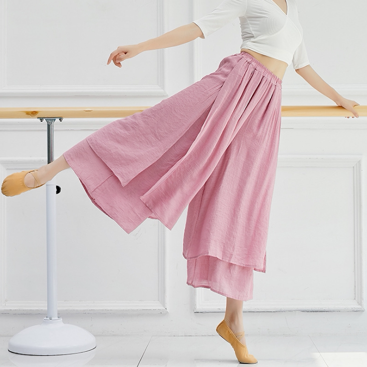 Chinese modern practice pants cotton and linen wide leg split drape dance pants skirt classical performance clothing female white