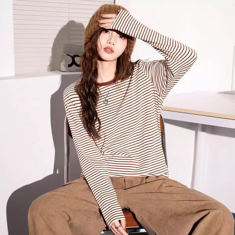 Vintage Striped T-Shirt for Women, Long-Sleeved, Suitable for Spring and Autumn, Loose Fit, Versatile, Color-Blocked, Round Neck, Stylish Base Shirt, Trendy T-Shirt