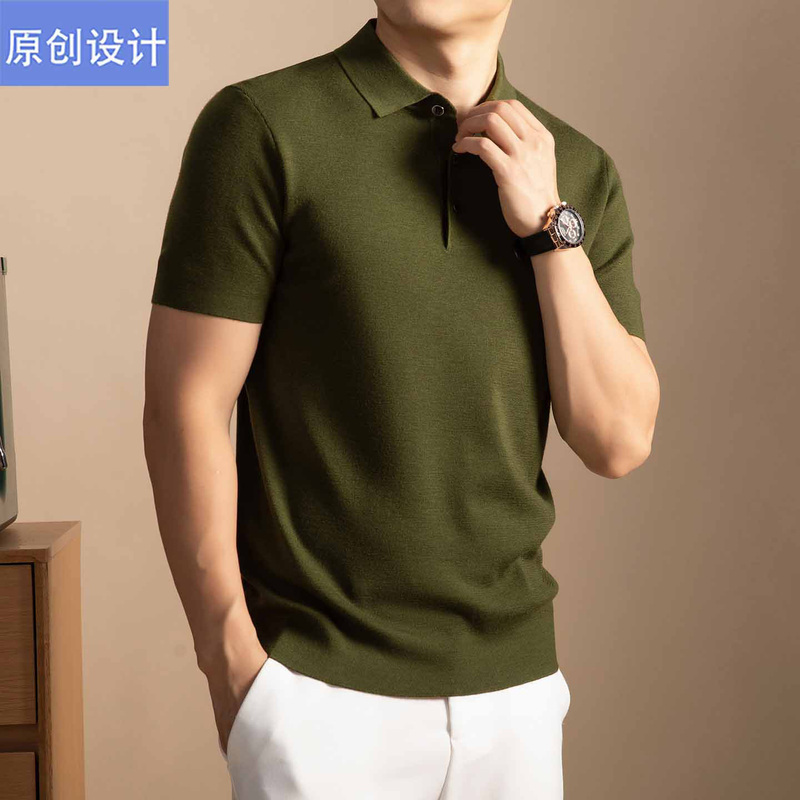 Italian Brand Cashmere Sweater Men's Short-Sleeved Lapel Sweater Spring and Autumn Middle-Aged Pure Color Half-Sleeved Knitted Wool Sweater