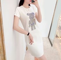 2021 summer new hot diamond cartoon bear dress female round neck pocket slim size womens fat MM casual long dress