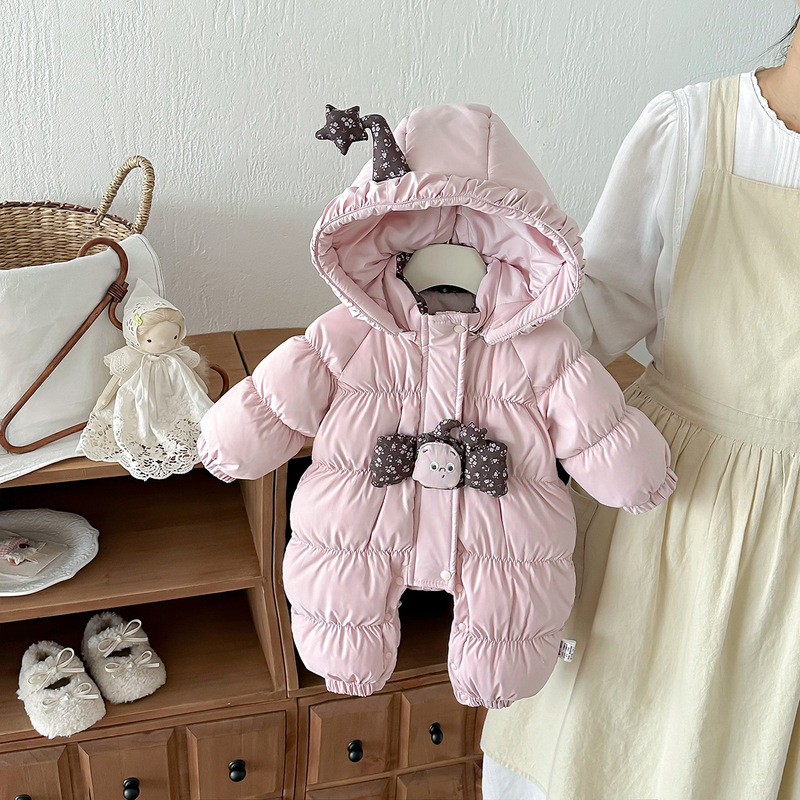 Infant and Toddler Hooded Cartoon down Jumpsuit for Girls, Thickened and Fleece-Lined, Warm Outdoor Clothing, Crawling Suit, down Jacket