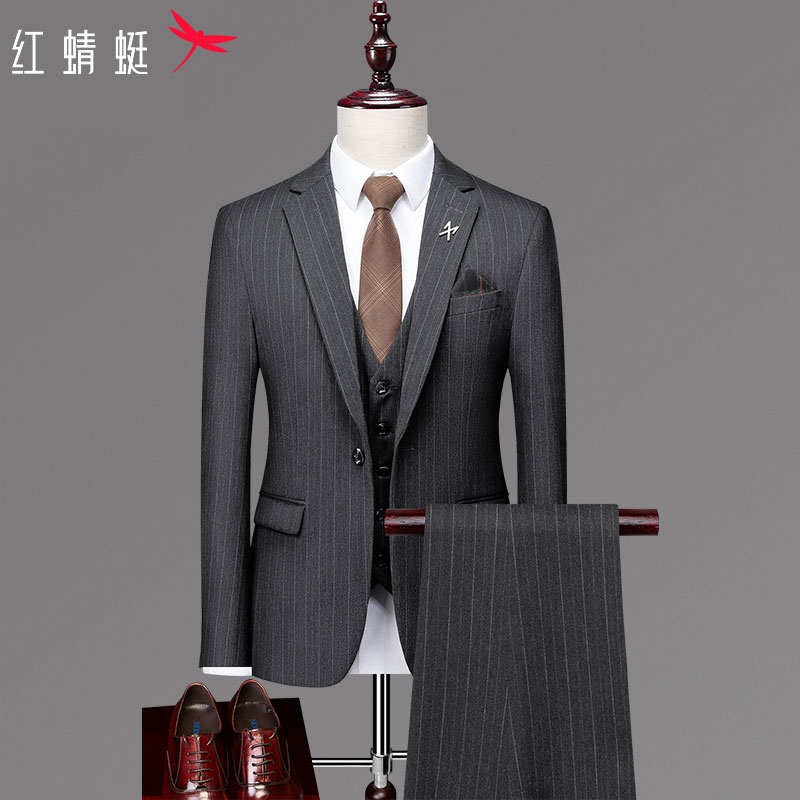 Red Dragonfly suit suit men's wedding Korean three-piece groom groomsman Group dress fashion slim meeting suit suit