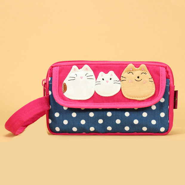 Japanese and Korean cute cat canvas multi-layer sundries bag women's small bag mobile phone bag coin purse mobile phone bag makeup clutch