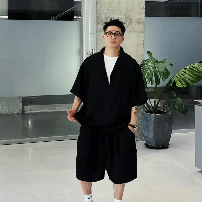Summer Two-Piece Old Money Style Suit for Men 2026 High-End Shirt and Shorts Summer Outfit Loose Plus Size
