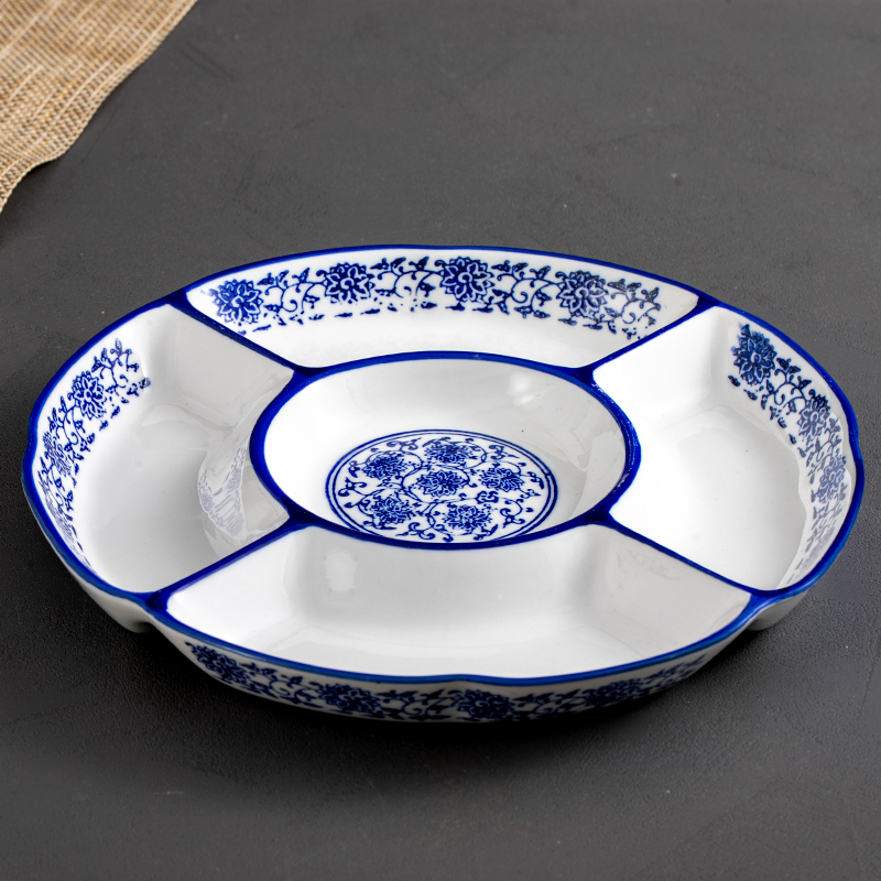 Platter with Five Compartments, Blue and White Porcelain, Ceramic Commercial Use, for Marinated Food, Cooked Food, Cold Dishes, Fruit and Dried Fruit Platter with Five Compartments, Blue and White Porcelain, Ceramic Commercial Use, for Marinated Food, Cooked Food, Cold Dishes, Fruit and Dried Fruit