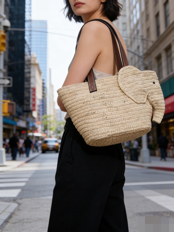 Cowhide Shoulder Strap, Elephant Raffia Bag, Underarm Bag, Shoulder Bag, Hand-Woven Bag, Straw Bag, Fashionable Women's Bag