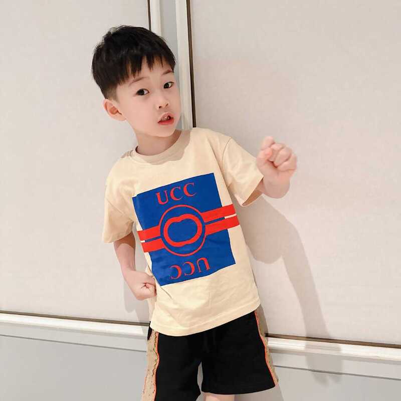 Red and Blue Belt Short-Sleeved T-Shirt with Interlocking Letter Print, Round Neck, Half-Sleeved Top, Pullover for Kidsren 1-14 Years Old, 100% Cotton