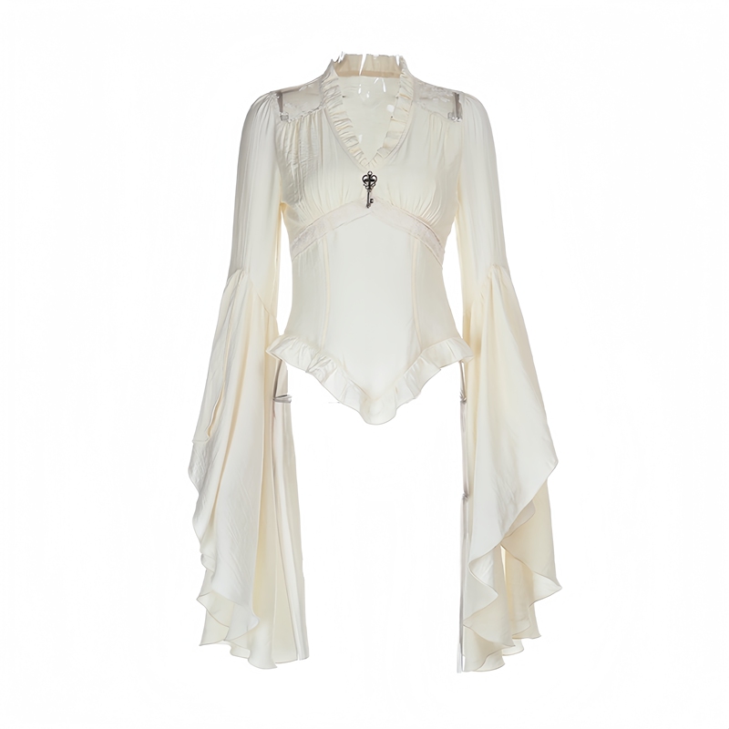 Palace-Style Long-Sleeved Top, Gothic Steampunk Large V-Neck Pleated Long-Sleeved Beige Shirt
