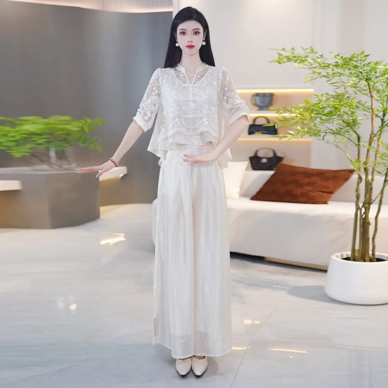 2026 Spring New Women's Two-Piece Set: White Lace Mid-Sleeve Top + High-Waisted Wide-Leg Pants Fashion Set 2026 Spring New Women's Two-Piece Set: White Lace Mid-Sleeve Top + High-Waisted Wide-Leg Pants Fashion Set