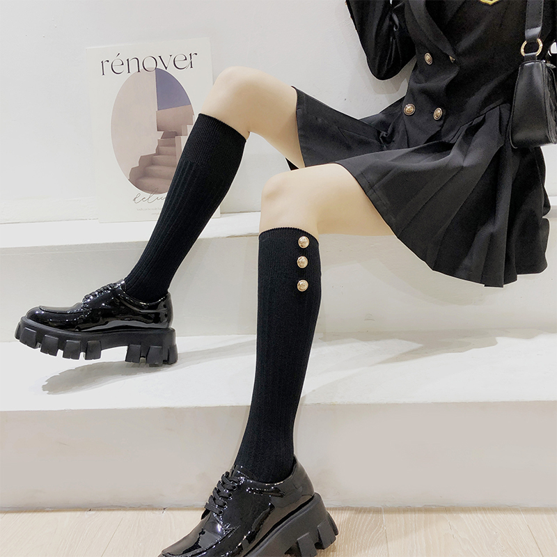 Stacked Socks, Black Spring and Autumn Pure Cotton Socks That Go Well with Leather Shoes, with Three Buttons on Both Sides, Mid-Length Jk Calf Socks