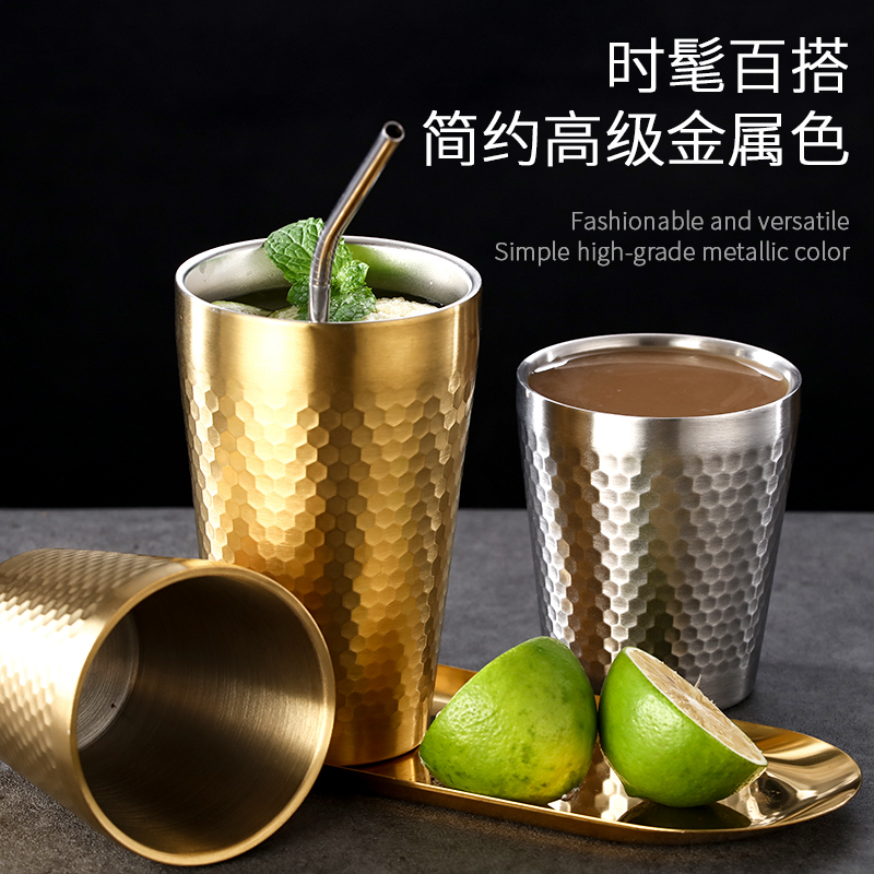 304 stainless steel tea cup water cup Korean-style hammer pattern fruit juice cup restaurant restaurant dining room with double-layer anti-scalding heat insulation