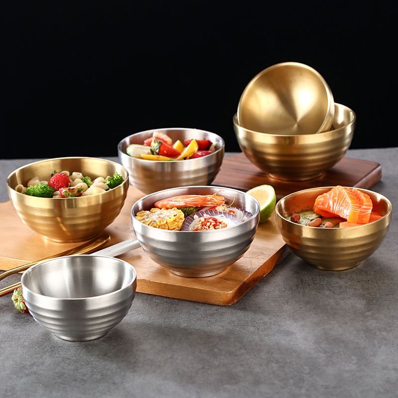 304 stainless steel double-layer Korean rice bowl threaded bowl golden children's kindergarten household thermal insulation anti-scalding anti-skid
