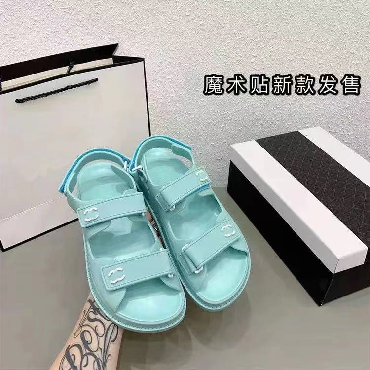 Wathet2021 summer new pattern C family Little fragrance Velcro Fish mouth Sandals Internet celebrity Totems lattice Flat bottom Jelly color Women's Shoes