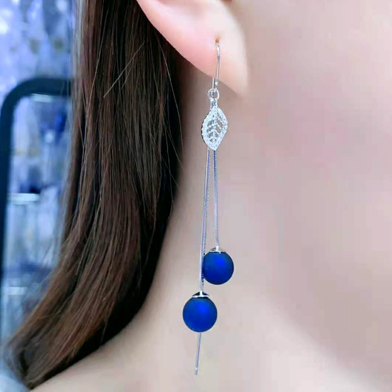 Flow Su Earrings Pure Silver Female Anti-Allergy Korea Temperament Net Red Blue Pearl Earrings Long version of Leaf Advanced Ear Necklace
