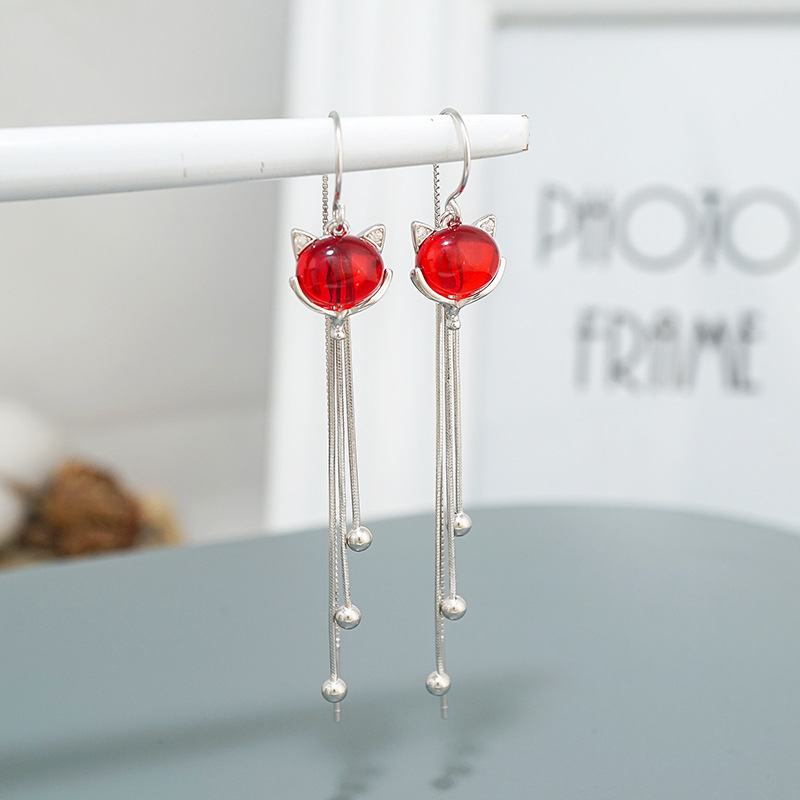 s925 Pure Silver Ear Ring Female Long Version Fox Temperament Advanced Sensation New Tide Fashion Silver Needle Flow Su Pomegranate Stone Ear Necklace