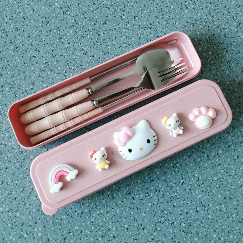 Japanese girls tableware three pieces of stainless steel portable box cute cartoon student chopstick suit children