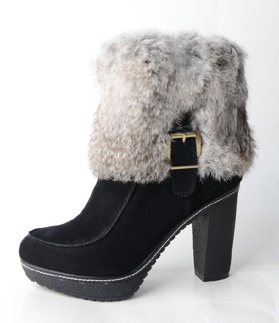 34-35 cowhide Aee love brand furry medium and short boots for women rabbit fur simple buckle high heel thick heel rich small size