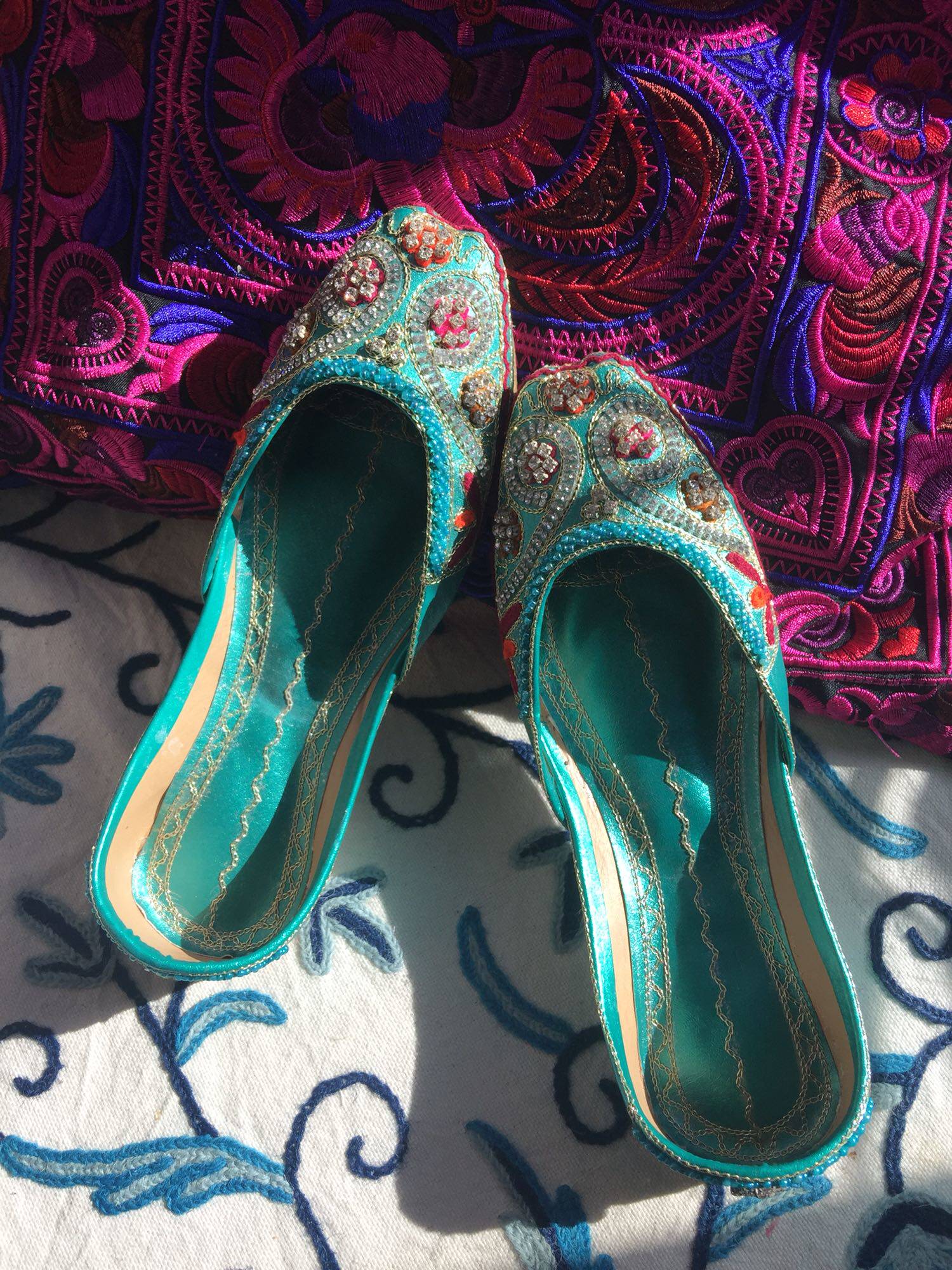 Green Plum Drill Pakistan Handmade Heavy Work Genuine Leather Embroidered Pearl Shoes Nepal Thai India Exotic