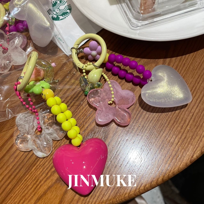 Jinmuke Korean Imported Color-Blocking Elegant Floral Heart Colorful Bead Exquisite Bag Pendant Keychain New Product