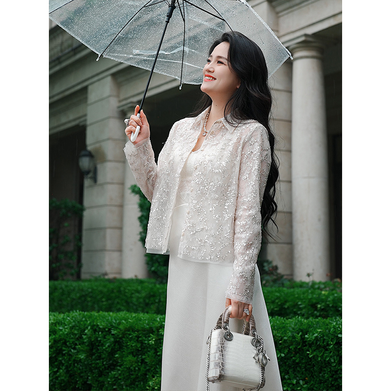 Meixi【Golden Waterfall】Lace Patchwork Shirt Jacket for Women, New Summer Style, Heavy Beading, Turn-Down Collar Shirt