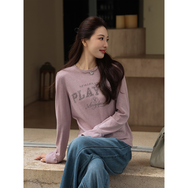 Meixi [Energetic Player] Cotton-Linen Feel T-Shirt for Women, Early Spring 2026 New Style, Slim Fit, Slimming Long-Sleeve Top