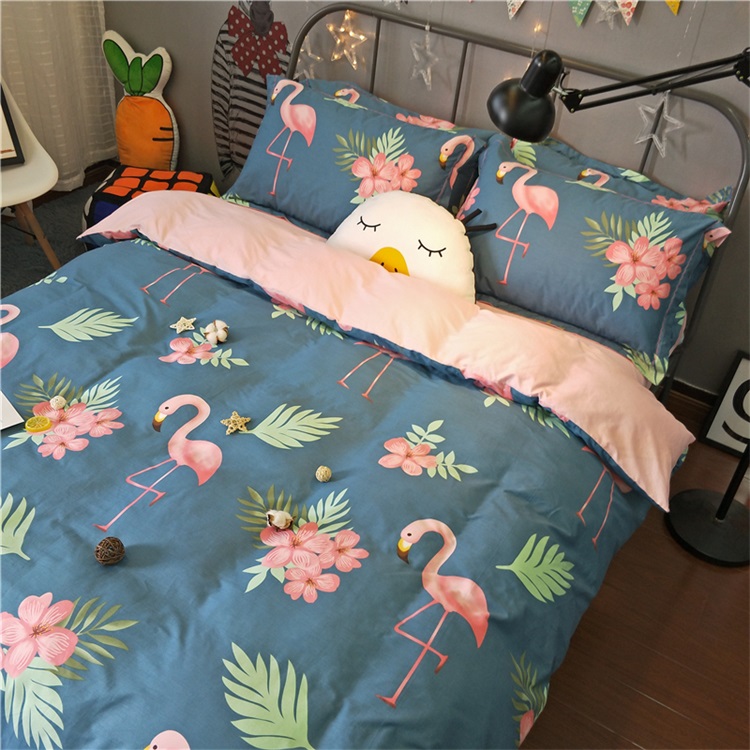 Cotton đơn giản bốn mảnh flamingo phim hoạt hình bông bộ đồ giường 1.2 m khăn trải giường quilt cover ba mảnh