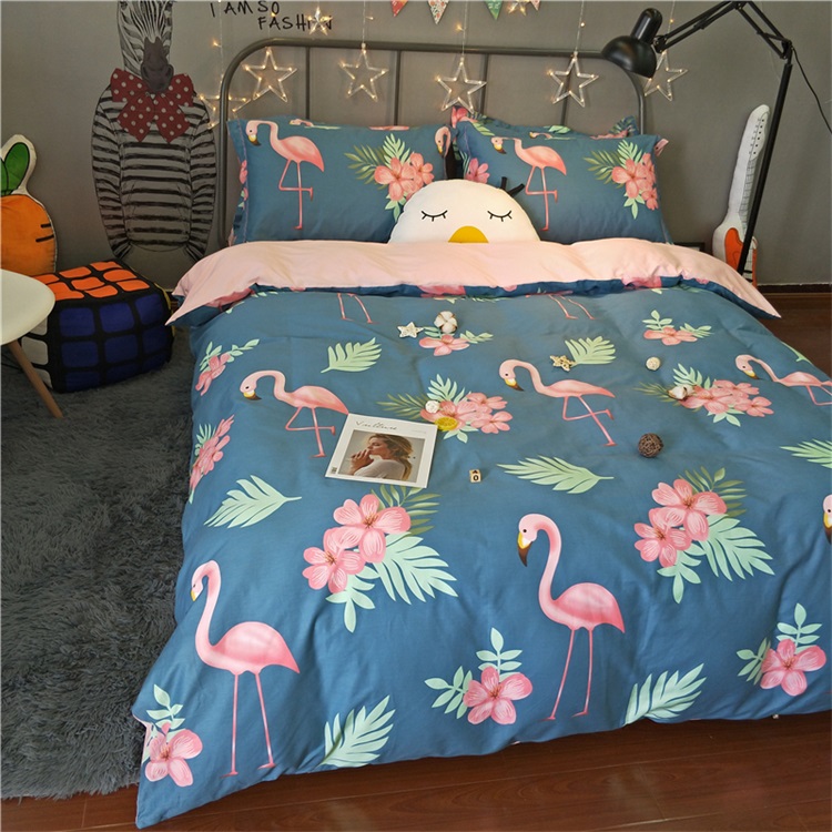 Cotton đơn giản bốn mảnh flamingo phim hoạt hình bông bộ đồ giường 1.2 m khăn trải giường quilt cover ba mảnh