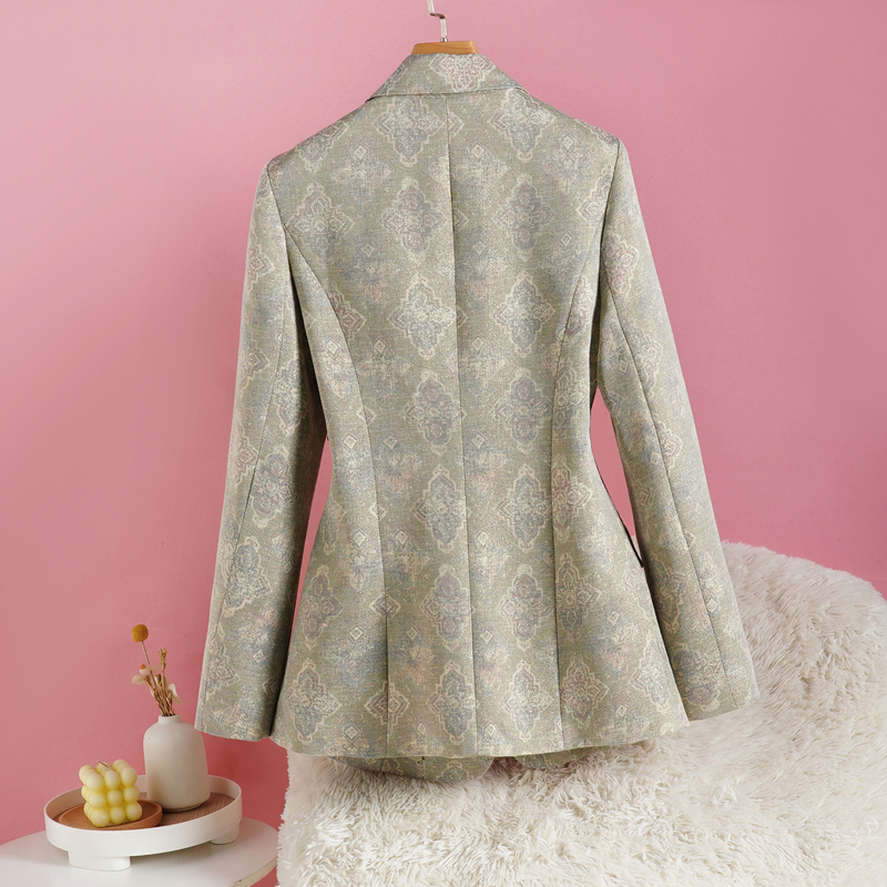 Bright Silk Blazer for Women, Slim Fit, Chinese Style Print, Small Suit, Green, High-End Feel, 2026 Autumn New Style