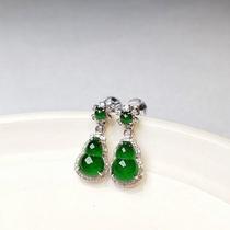 New imitation natural chalcedony new product plated S925 silver inlaid with diamonds and ice-planted green gourd womens earrings in the year of birth exquisite temperament