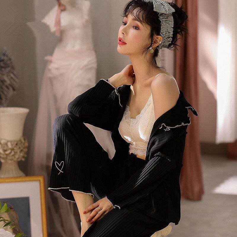 Cardigan pajamas Women's Spring and Autumn new student long sleeve two-piece set can be worn outside Sweet slim home clothing women's suit