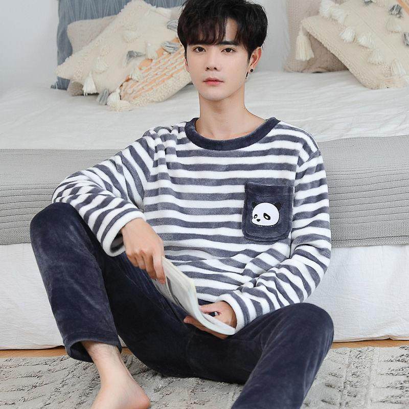 Men's winter young students plus velvet thick coral velvet pajamas autumn models can be worn outside flannel home suit suit