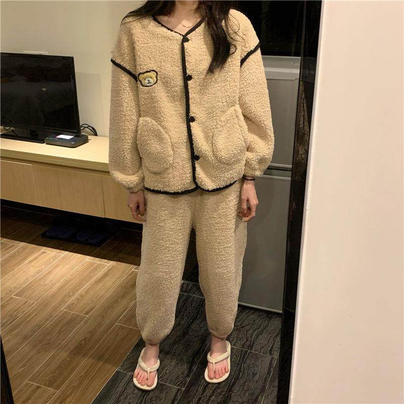 Coral Suede Pajamas Woman Autumn Winter Thicken Plus Suede Knitwear Cute Cartoon Cubs Home clothes Two sets of outwear-Taobao
