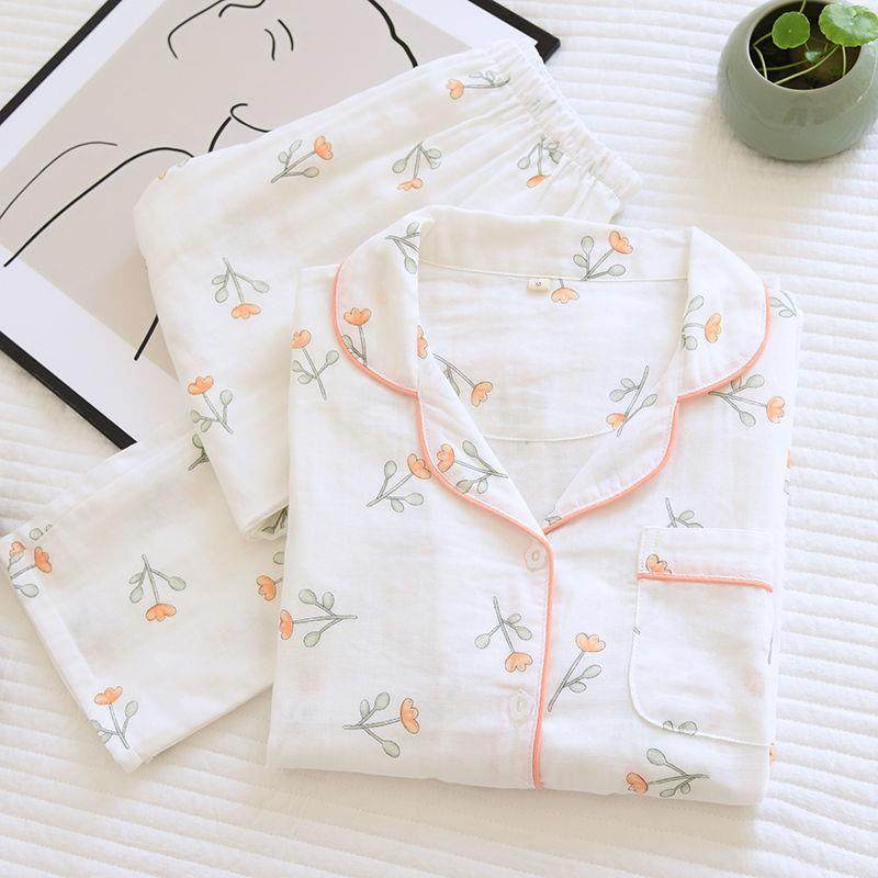 Pure cotton pajamas women summer in red thin 2022 new long sleeve gauze home clothing spring and autumn suit