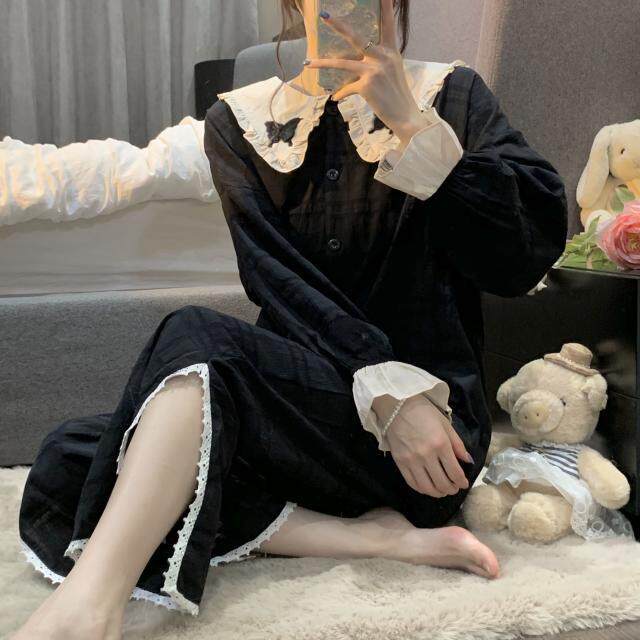 The doll collar splicing design feels loose pajamas two-piece female Autumn New Korean version of age-reducing home clothes can be worn outside