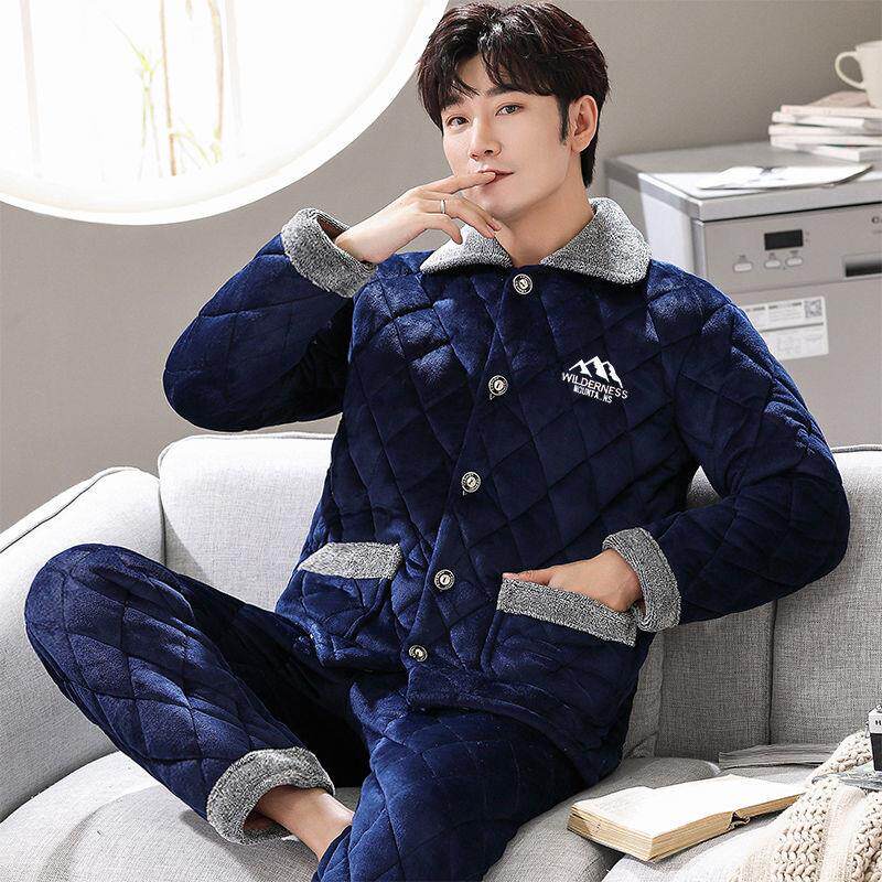 Pajamas men's winter three-layer thickened velvet cotton men's coral fleece cotton-padded jacket flannel cotton warm home clothing