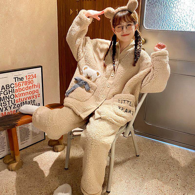 Coral velvet pajamas women's autumn and winter thickened flannel warm 2021 New Winter Home suit